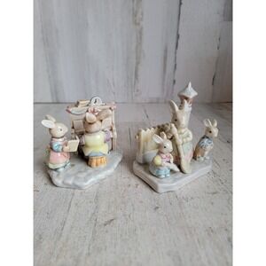 Unique ceramic scenic bunny piano miniature figure Easter set vintage